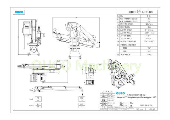1t 10m ABS Ship Deck Cranes Hydraulic Telescopic Foldable Boom