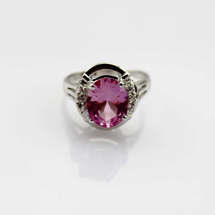White Gold Plated 925 Silver Jewelry 8mmx10mm Oval Pink Cubic Zircon Ring(R0076)
