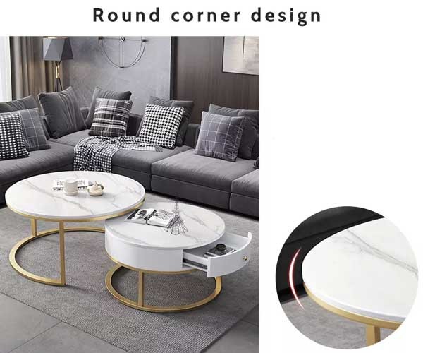 Double Round Luxury Center Tables Gold Stainless Steel Leg Marble Top