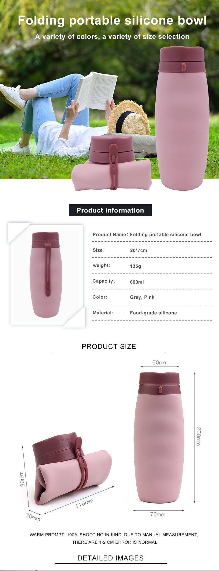 Lightweight 600Ml OEM Pink Collapsible Silicone Water Bottle