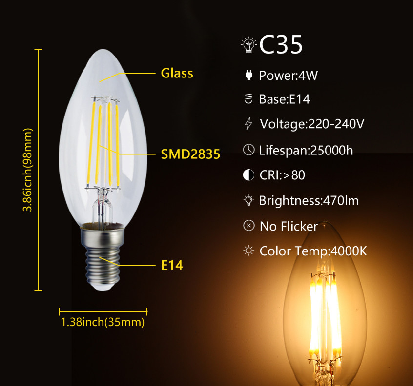 C35 led filament bulb candelabra light 4W LED Filament Candle Bulb E14 Clear Vintage lamp