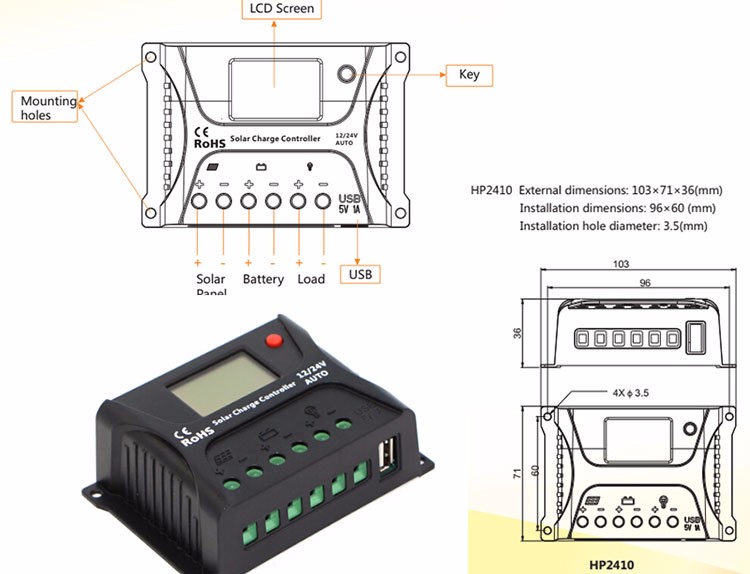 HP Series Solar Panel Regulator Charge Controller 10A For Small Solar System