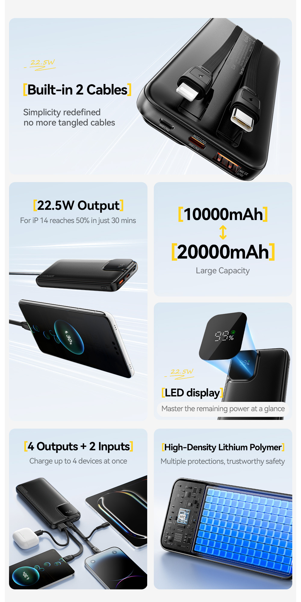 ESSAGER ES-D023 22.5W Digital Portable 10000mAh Power Bank with Cable
