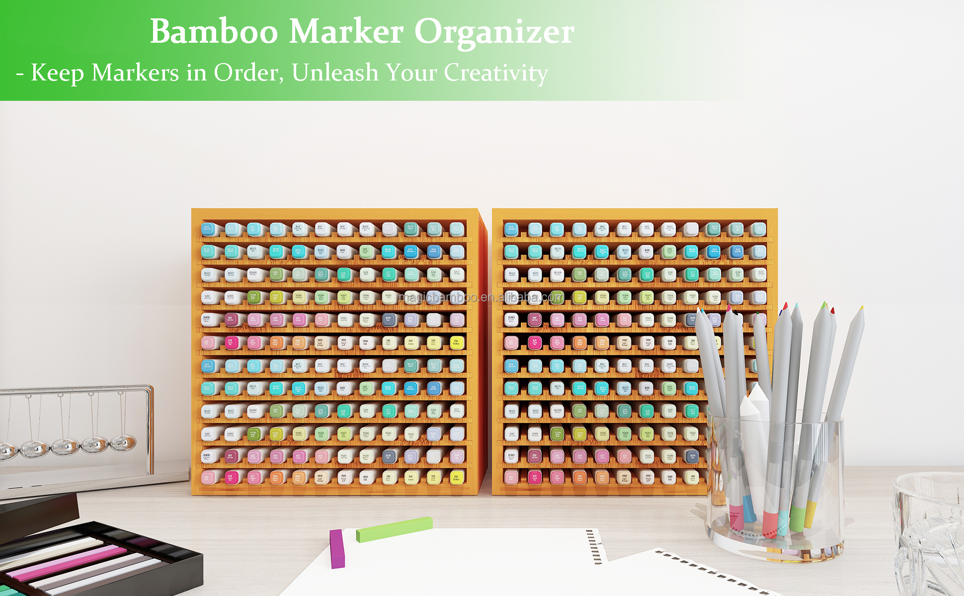 23 x 13.5 x 23CM Bamboo Marker Organizer Holds 100 Markers Art Supply Storage Rack