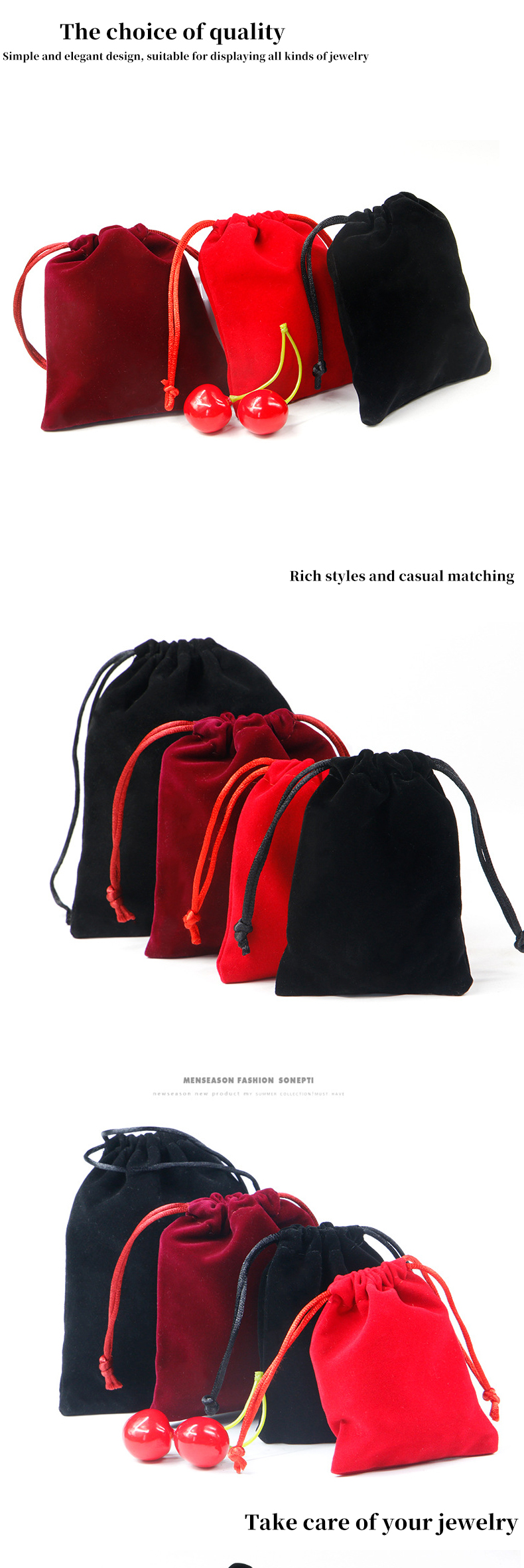 Multiple Size Smooth Drawstring Velvet Jewelry Bag for Luxury Jewelry Gift Packaging