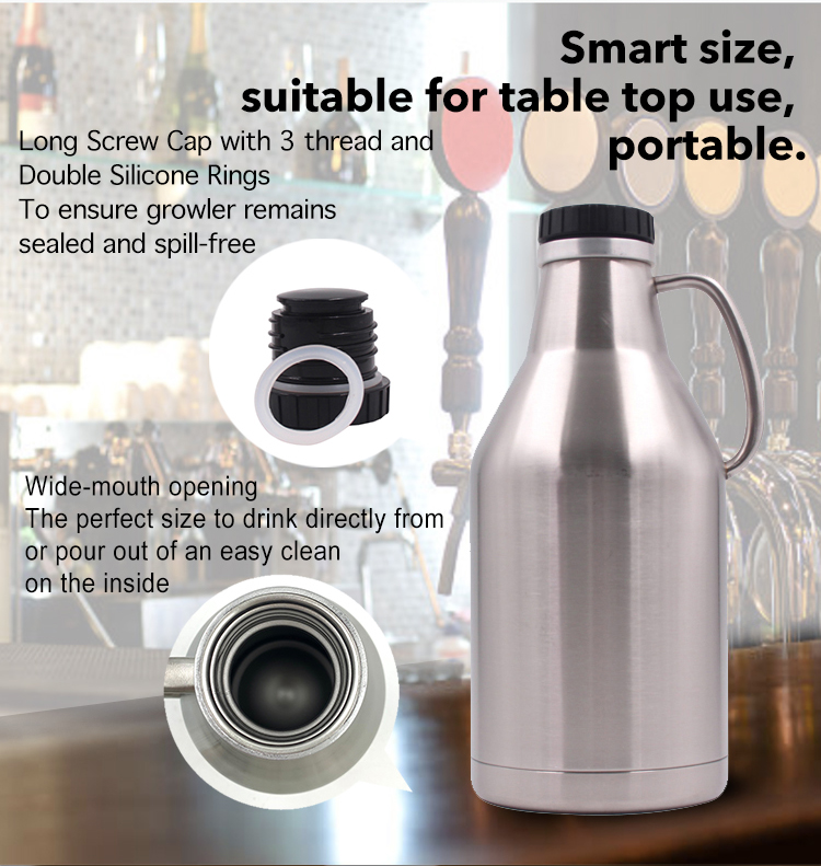 Stainless Steel Vacuum Insulated Growlers , Black 2L Screw Top Growler Double Wall