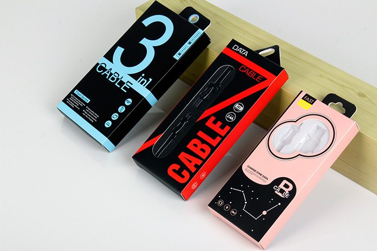 CMYK Custom Art Coated Paper USB Cable Data Cable Packaging Box with Hanger Hole