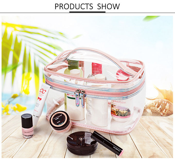 Double Zipper Makeup Bag Transparent PVC Travel Wash Bag Pink with Handle