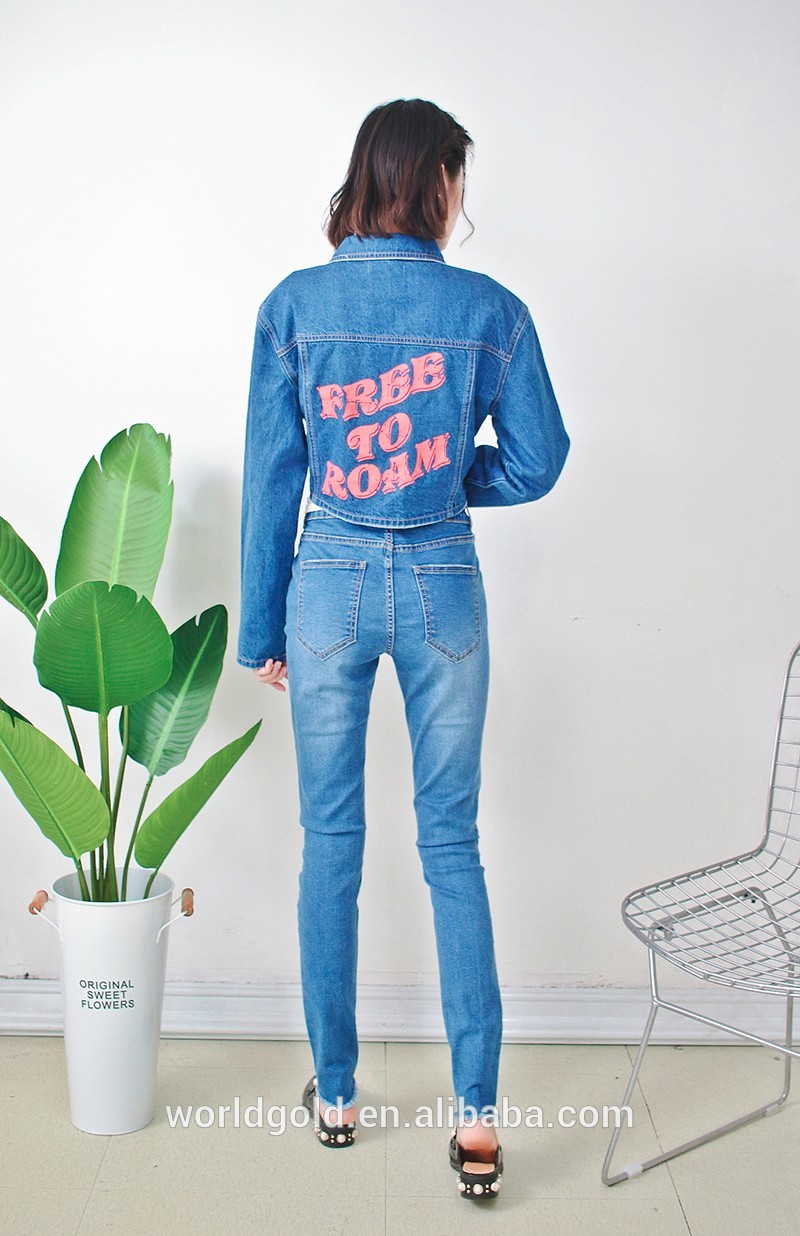 Distressed Stretch Printed Ladies Short Denim Jacket With Rhinestone Trimming