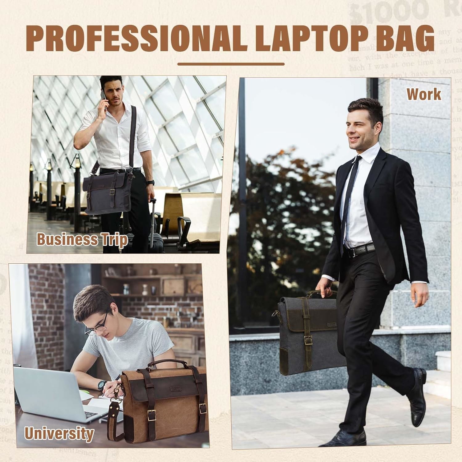 Messenger Bag for Men,Vintage Canvas Leather Canvas Laptop Satchel Shoulder Bag Business Briefcase