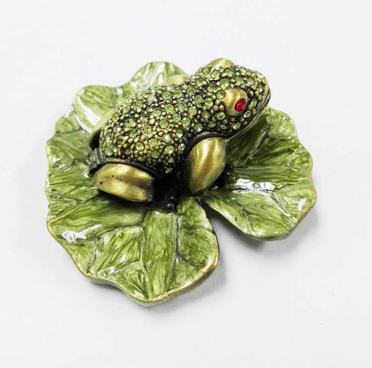 Bejewelled frog Home decoration box Alloy Hand painted crystal Frog metal trinket box