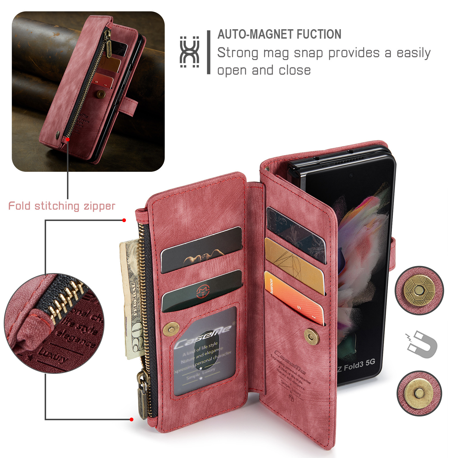 Vintage Card Wallet Phone Case For IPhone 14 Pro Max And Samsung Z Fold 5 In Red Leather