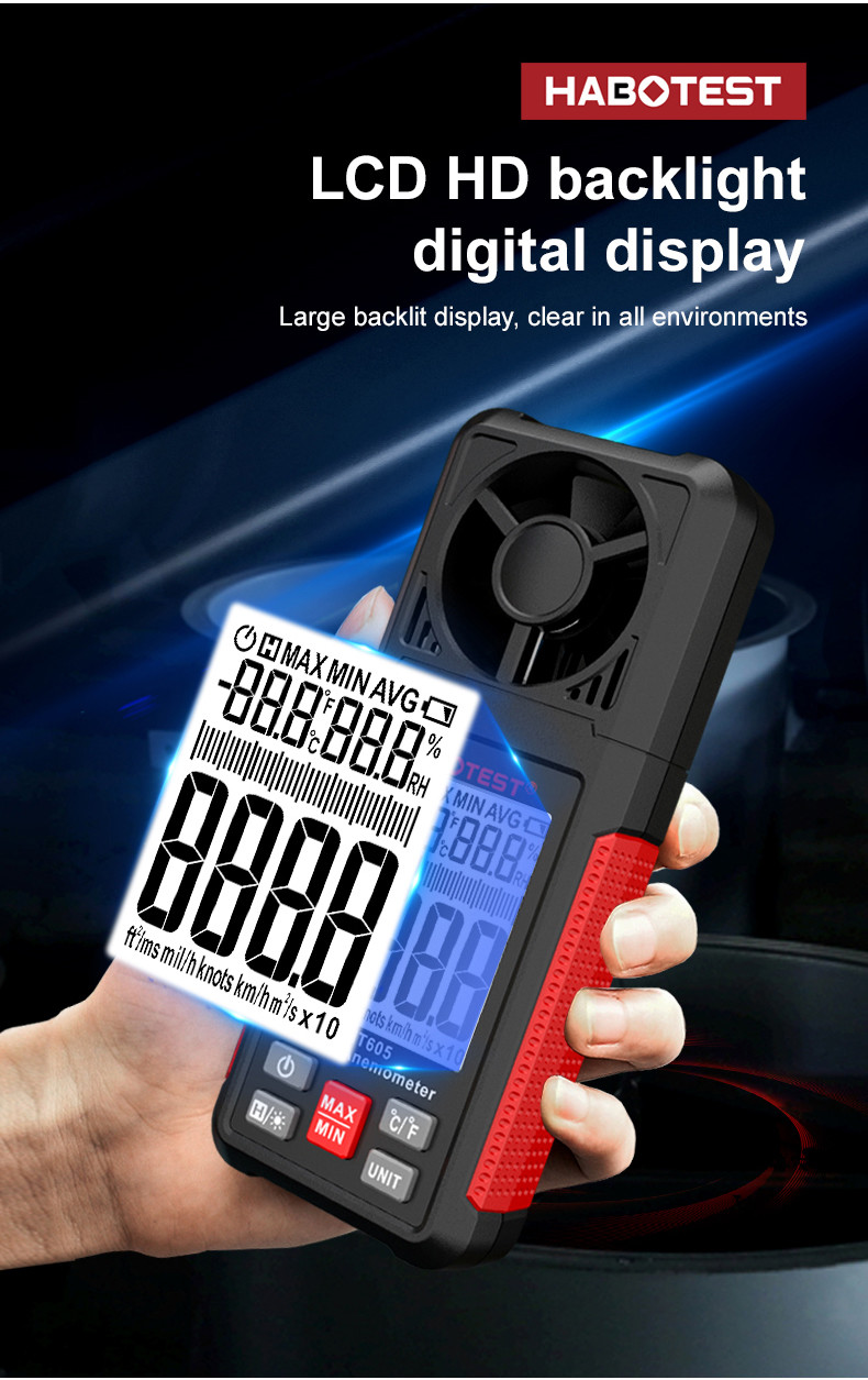 Data Hold Function HT605 Portable Digital Anemometer with Air Velocity Range 0.7-30m/s and Temperature Humidity Meter