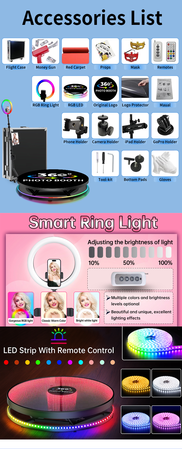 80-120CM Rotating Stand Square LED Ring Photo Booth with Strong Metal Tempered Glass