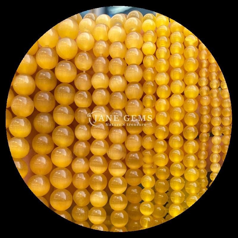 Gold Olive Blue Color Gems Bead Round Shape Cat Eye Loose Bead Strands for Handmade Jewelry