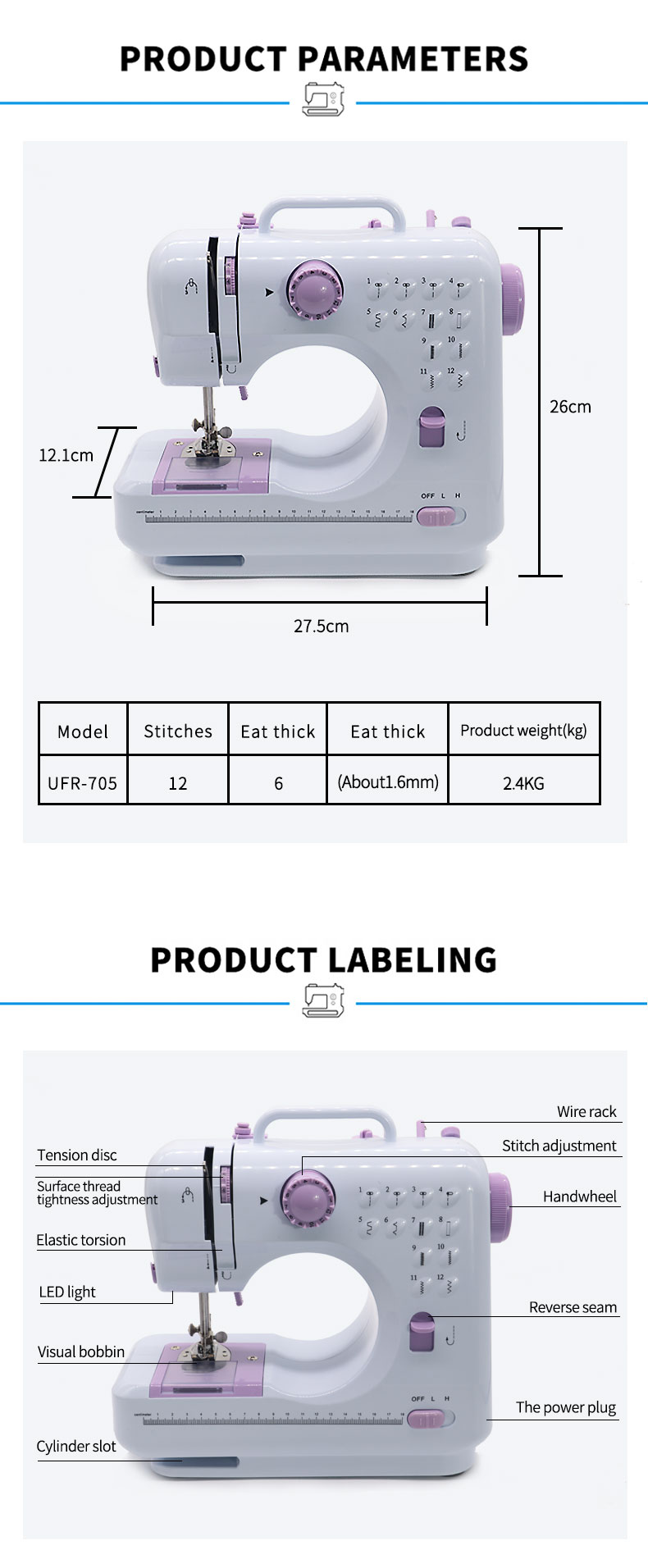 Portable Sewing Machine for Beginners 12 Stitches Lock Stitch Formation 28*12.5*30cm