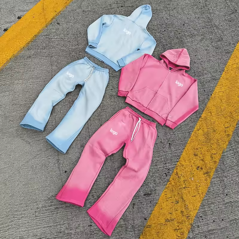 Customized Logo Mens Acid Wash Tracksuit Zip Up Retro Jogging Suits Loose Fit