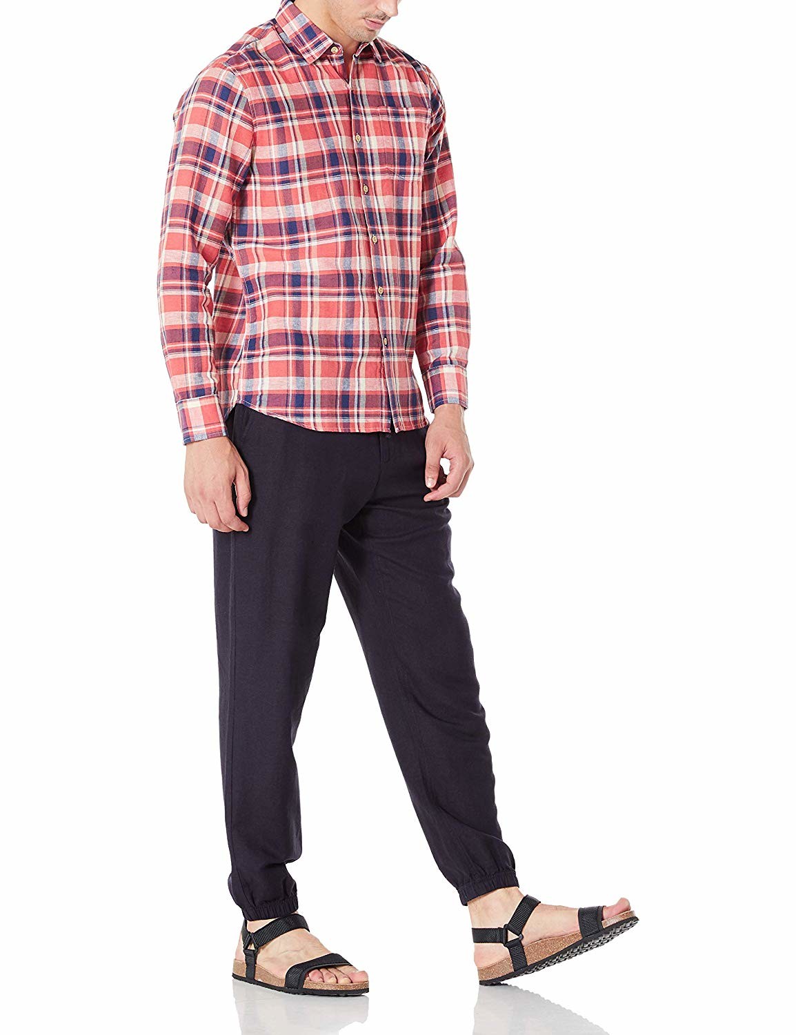 Orange Plaid gingham Mens Casual Linen Shirts with Band Collar