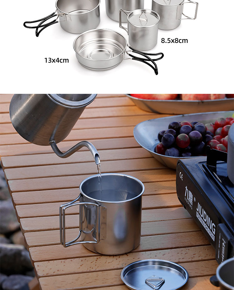 New Arrival 7 Pcs 304 Stainless Steel Camping Cookware Set Multi-person Soup Pot Set Outdoor Cooking Pot Set For Hiking