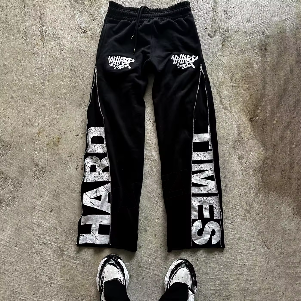 Zip Up Side Cotton French Terry Mens Sweatpants with Elastic Waist and Zipper Closure