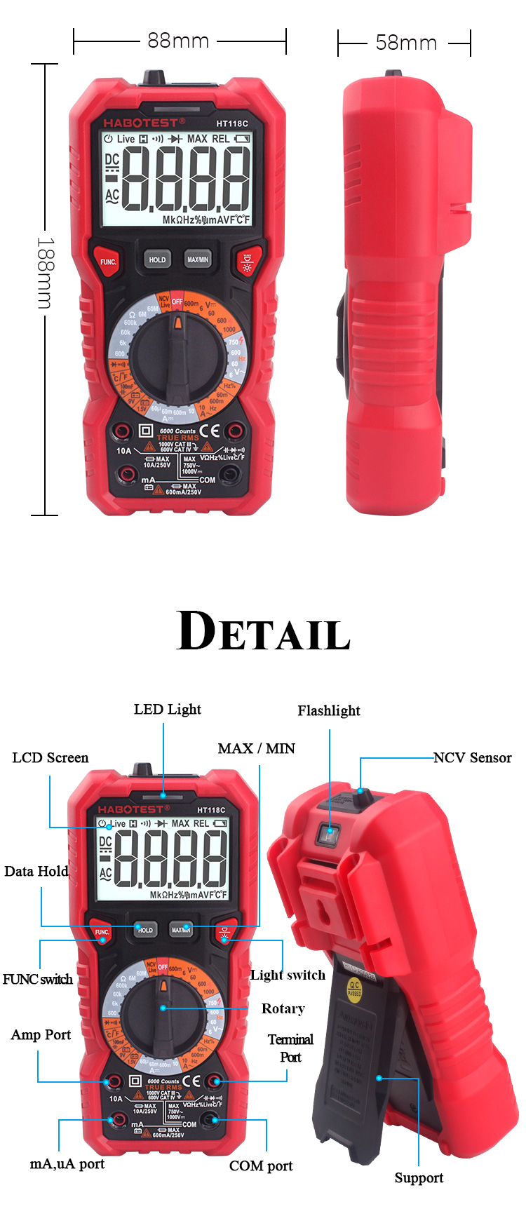 Habotest HT118A 6000 Counts True RMS LCD Smart Multimeter Tester Professional Meter for Capacitance test