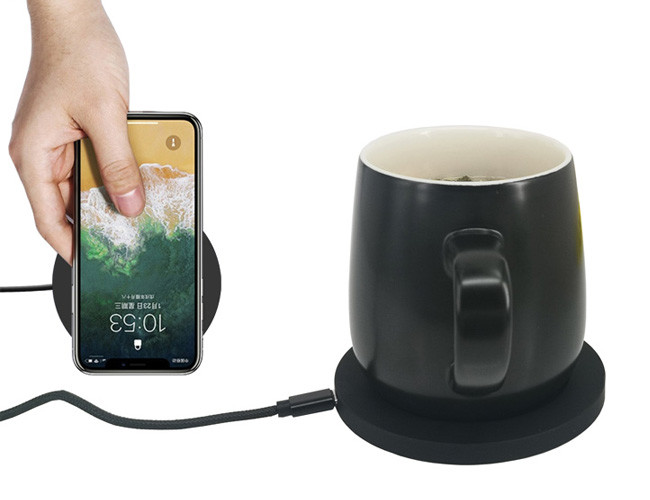 Smart thermostatic ceramic cup coffee mug self heating cup with wireless charging base black color