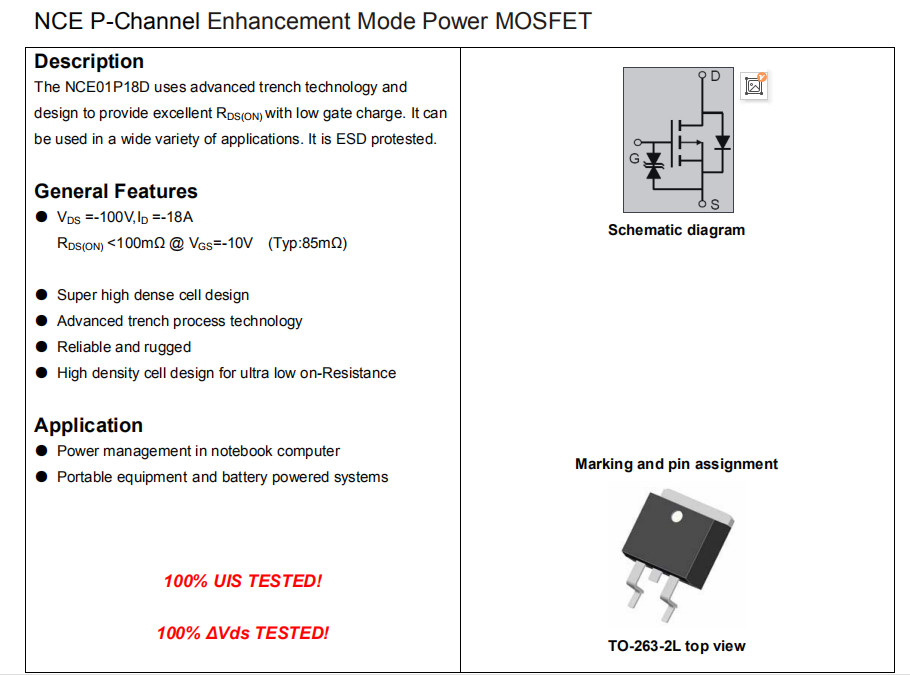 NCE01P18D NCE P-Channel Enhancement Mode Power MOSFET