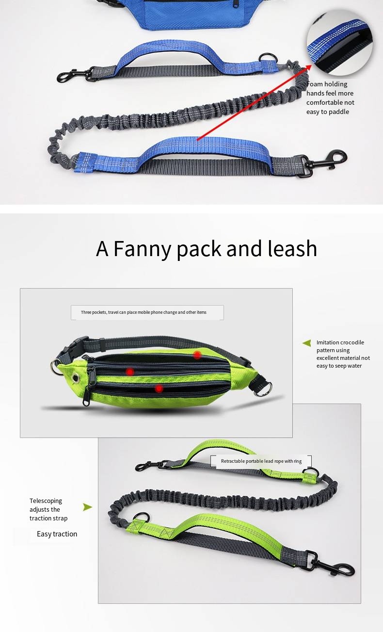 Pet Reflective Hands Free Leash With Waist Bag And Telescopic Adjustment For Dog Sports Running Leash