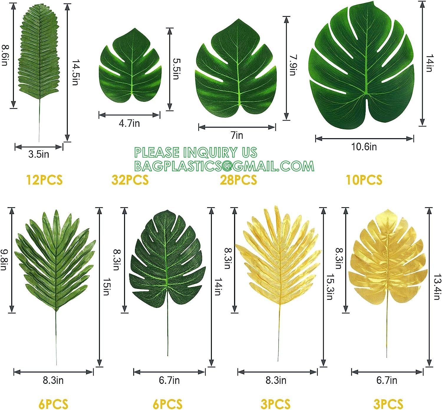 Palm Leaves Artificial Tropical Monstera-84Pcs 6 Kinds Large Small Green Fake Palm Leaf with Stems for Safari Jungle