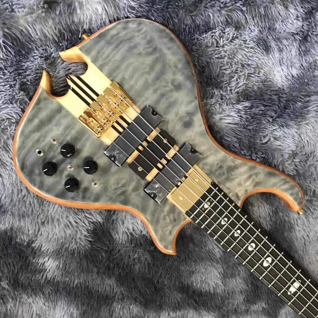 Custom Grand Neck Through Body Flamed Maple Top 5 Strings Bass Guitar Alem Cut Bottom Side LEDs