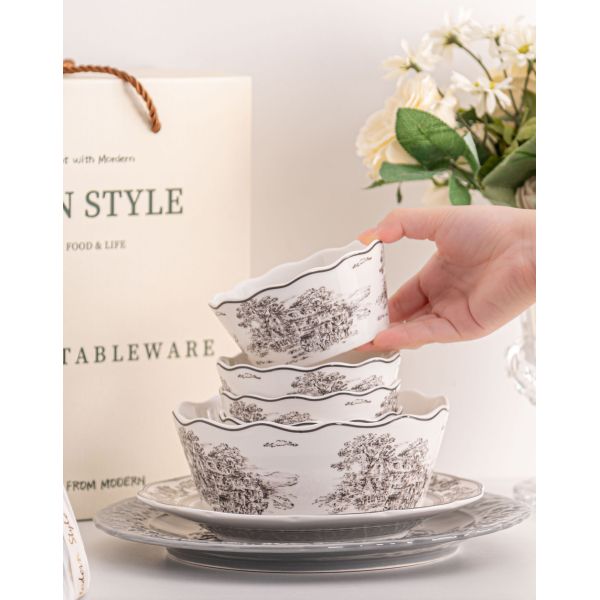European Style Gray Dinnerware Sets With Luxury Porcelain And Scenic Pattern Ceramic