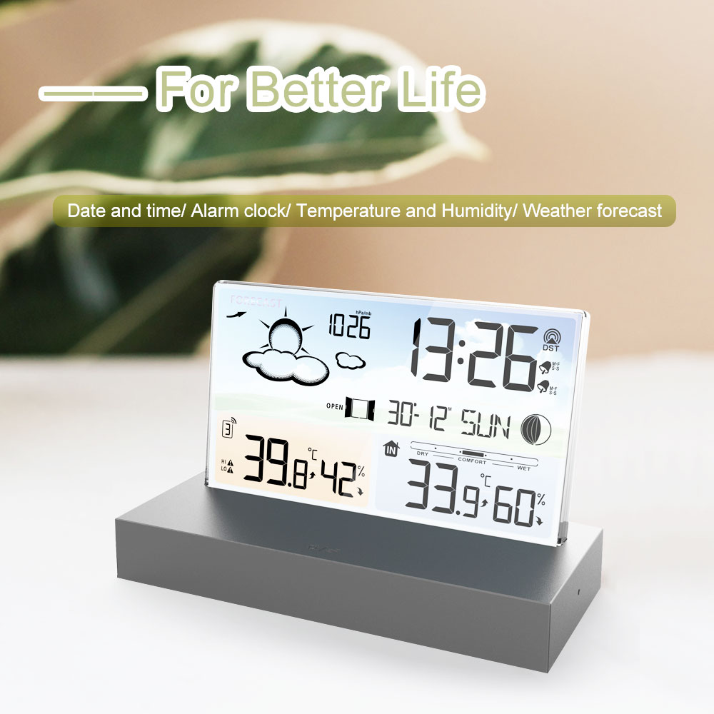 Multi Functional Electronic Weather Forecast Alarm Clock Desktop Transparent Glass Color Screen RF Wireless