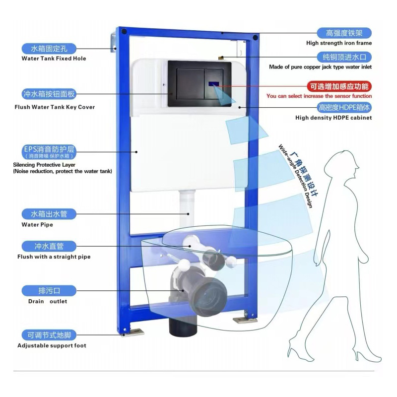 680x370x830mm Upper Cistern Hidden Wall Mounted Toilet with Concealed Auto Flush Tank