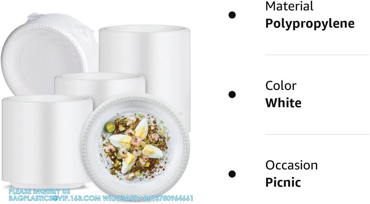 White Plastic Plates, 9 Inch 3 Compartments 150 Pack Food Grade Material BPA Free Reusable Dinner Plates