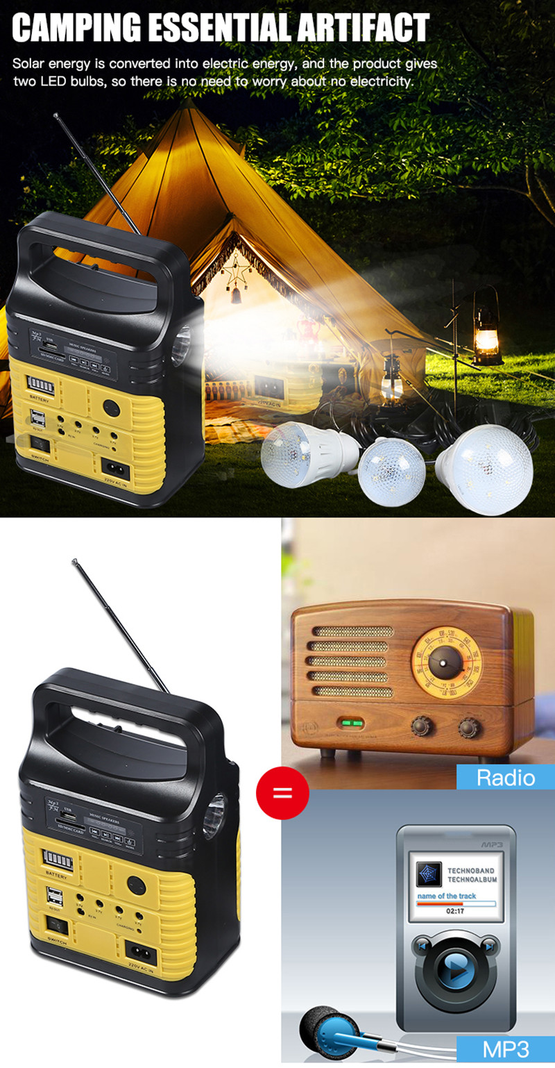 7500mah Portable Solar Power System Kit With Built In FM Radio MP3 Mini Outdoor Camping