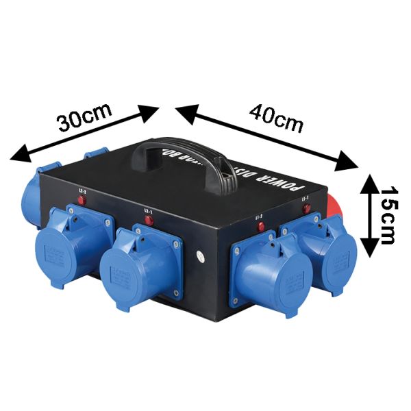 Portable 3-Phase 308V CEE Power Distribution Box with 32A Input/6x16A Output Robust Steel Housing for Stage/Rigging Use