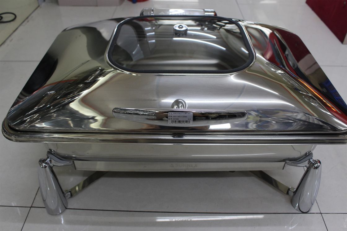 Rectangular Stainless Steel Cookwares with Glass Window Mechanical Hinge Lid / Hydraulic Induction Chafing Dish