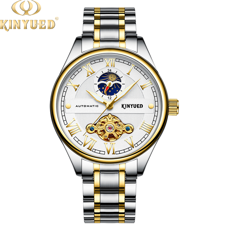 Brand KINYUED automatic skeleton watch gold dial moon phase tourbillon mens automatic watch