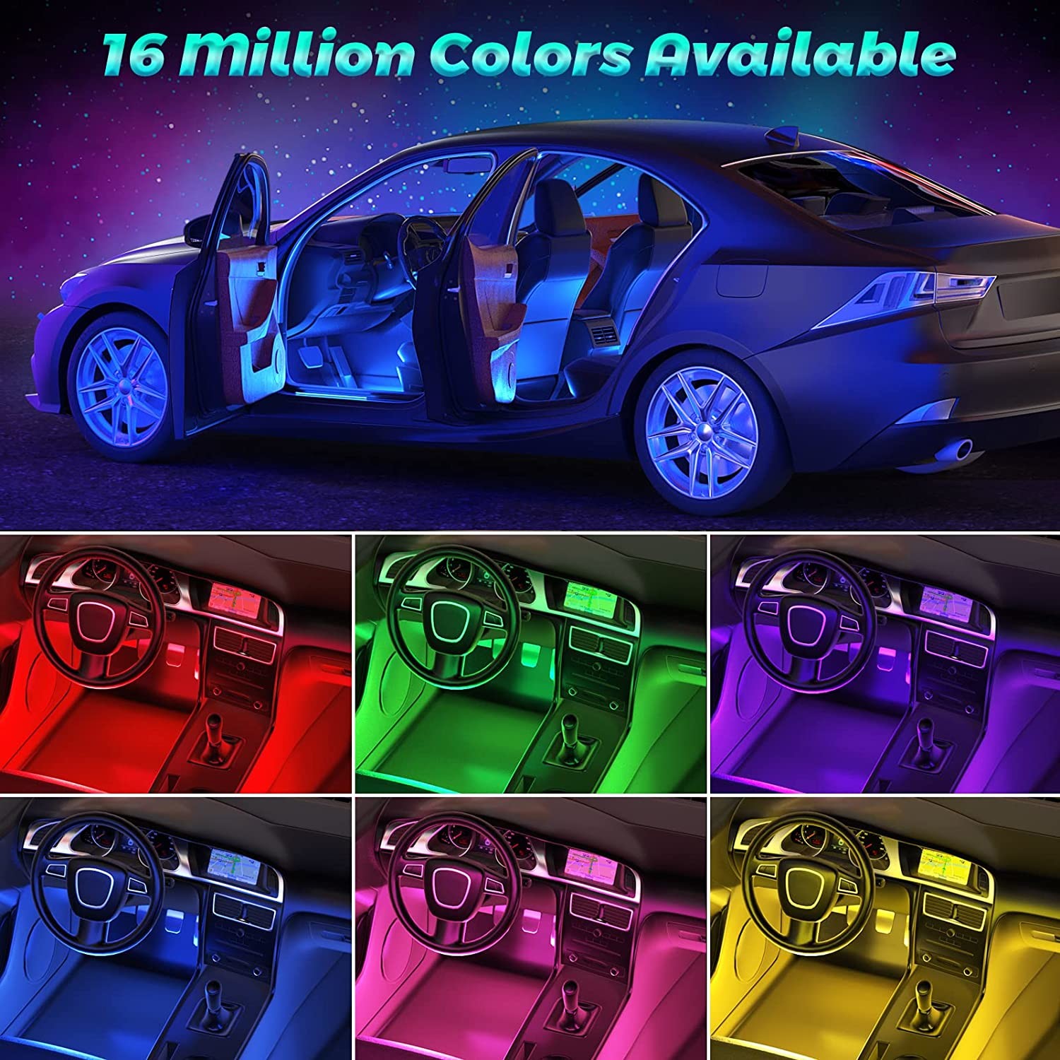 4 Pcs 48 Led Strip Car Interior Atmosphere Lights IP65 With USB Port APP Control