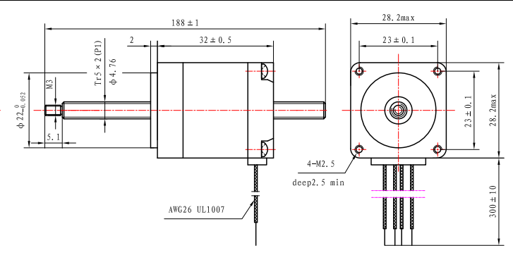 80mN.M Nema11 Non Captive Stepper Motor Through Screw Lead 8mm 0.8A 4.64V