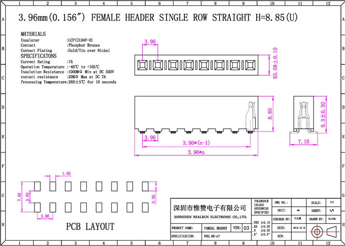 SMT Type Female Pin Header Connector 3.96mm Single Row Through Hole Plastic