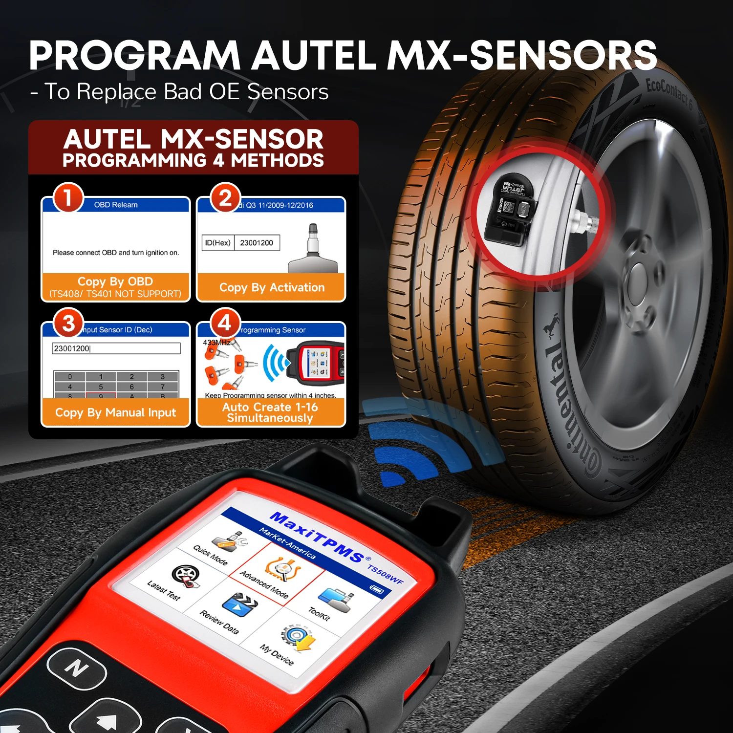 Autel MaxiTPMS TS508WF TPMS Programming Tool MX-Sensors 315 433 MHz TPMS Relearn Activate All Sensors Scan Read Clear DTCs Reset