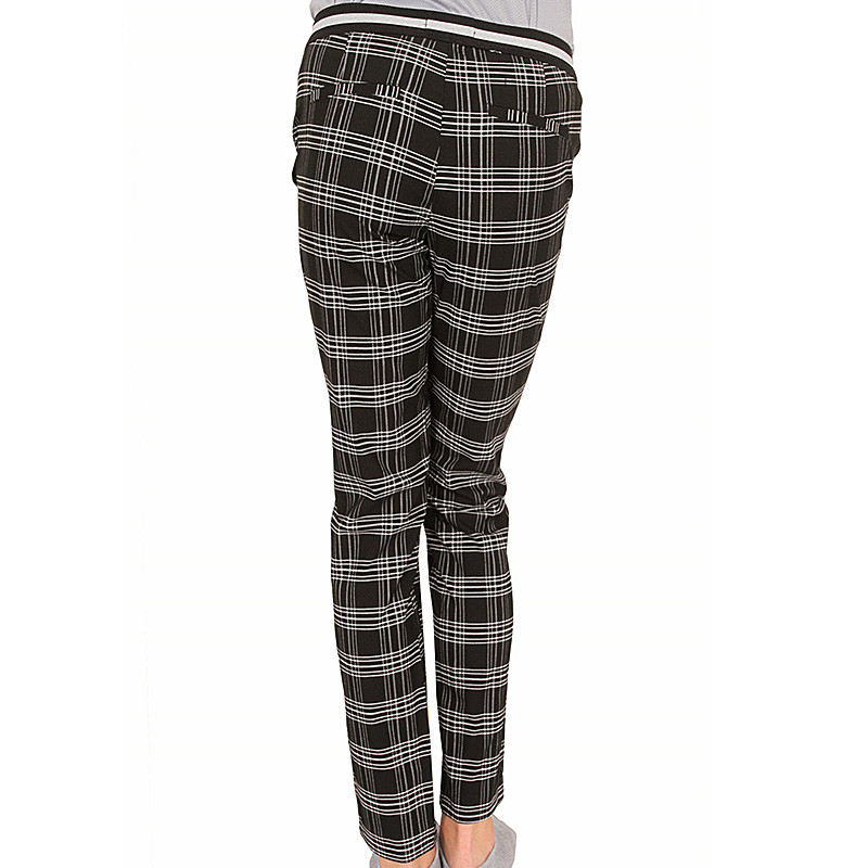 Stockpapa Black And Coffee Half Elastic Waist Plaid Skinny Pants womens