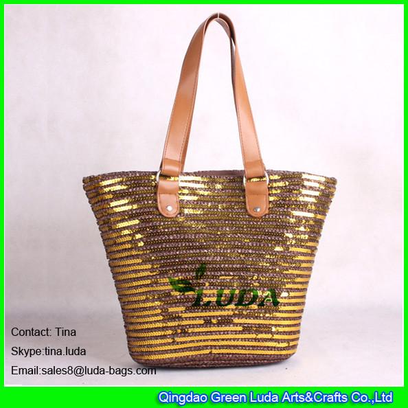 Quality LUDA golden sequins deco straw beach bag ladies straw handbag for sale