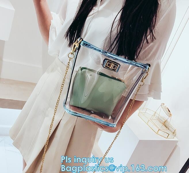 Transparent conference eco shopping bag, shopping pvc bag with custom print, shopping square bottom portable clear PVC p