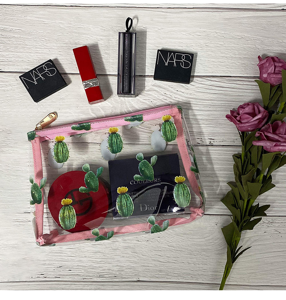 Zippered Cactus Print See Through PVC Cosmetic Bag