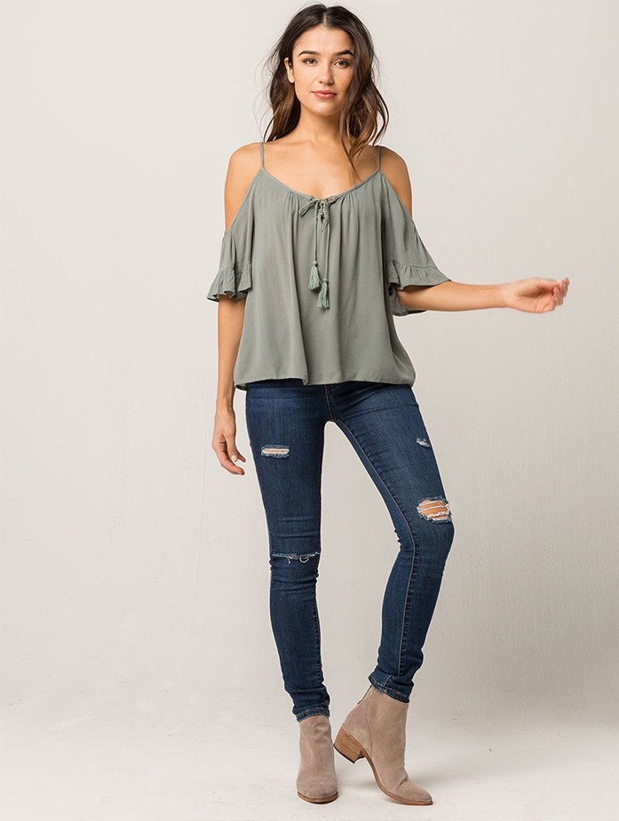 Women Cold Shoulder V Neck Rayon Blouse
