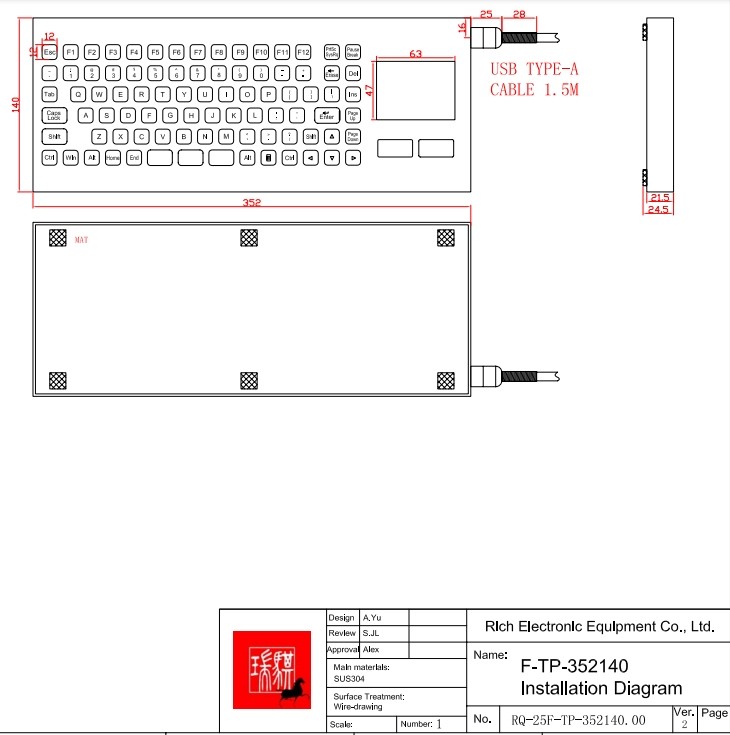 IP67 Waterproof Industrial Keyboard With TouchPad Over 2 Million Key Life Cycle