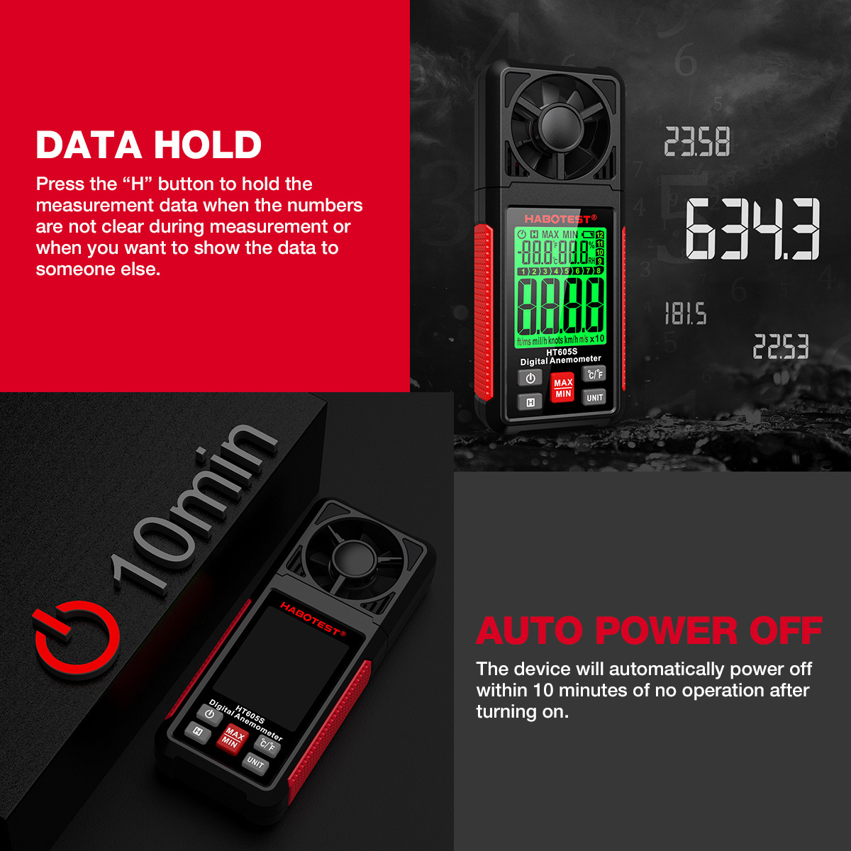 HT605S Digital Anemometer Air Flow Wind Speed Meter LCD Backlight Professional 3 in 1 Thermometer Hygrometer Anemometer