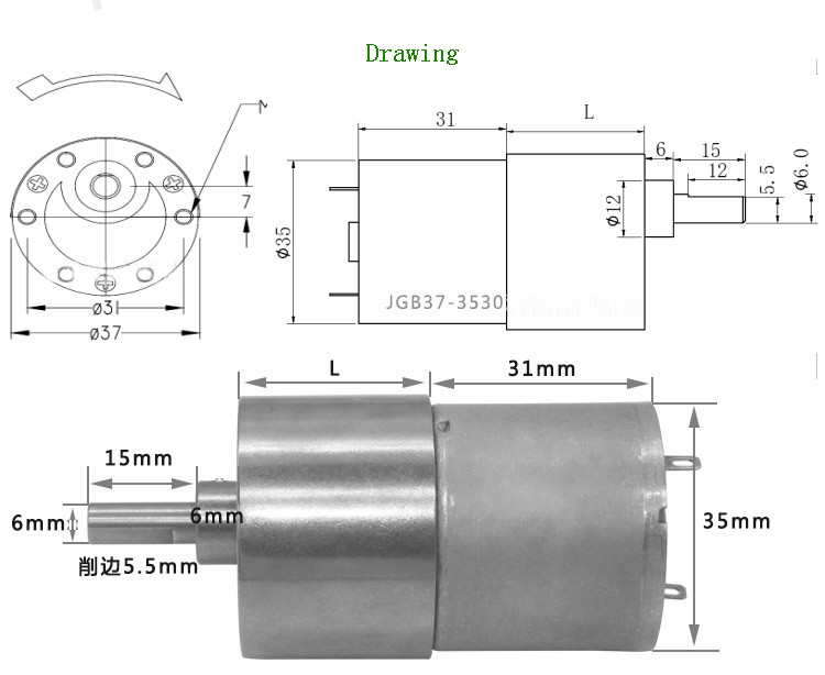 High Torque Small Motor JGB37-3530 24v 7RPM 1:810 High Torque Low Speed Deceleration Motor